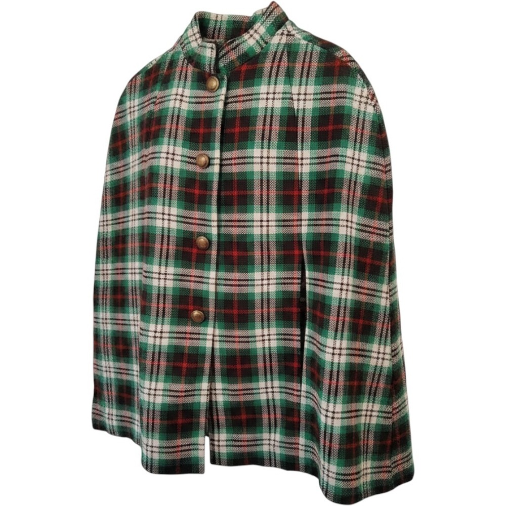 Vintage Girls Plaid Cape Coat Size 10 Green Red Festive Holiday Tartan